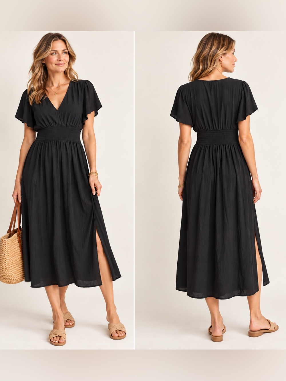 LOFT Black V-Neck Shirred-Waist Midi Dress